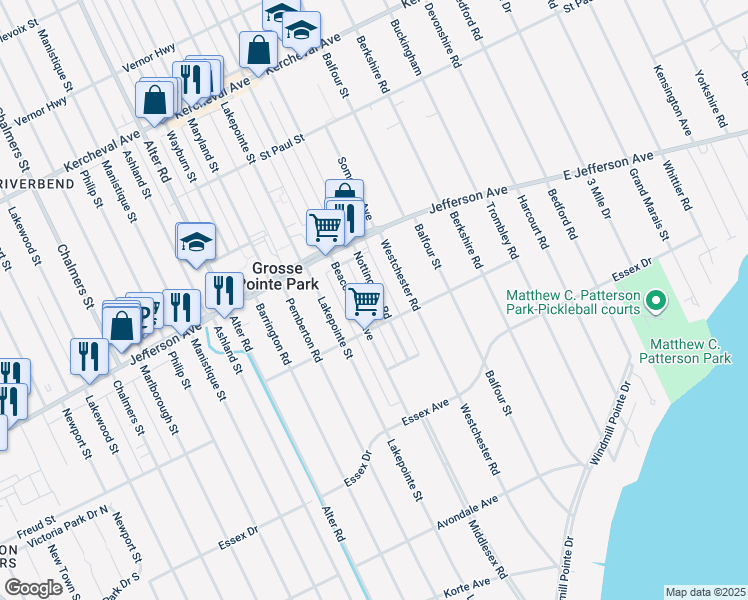 map of restaurants, bars, coffee shops, grocery stores, and more near 935 Nottingham Road in Grosse Pointe Park