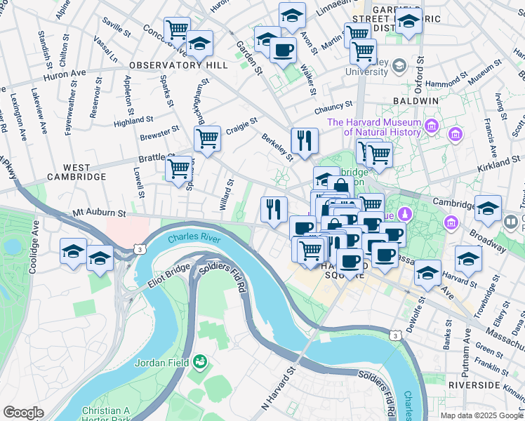 map of restaurants, bars, coffee shops, grocery stores, and more near 32 Hawthorn Street in Cambridge