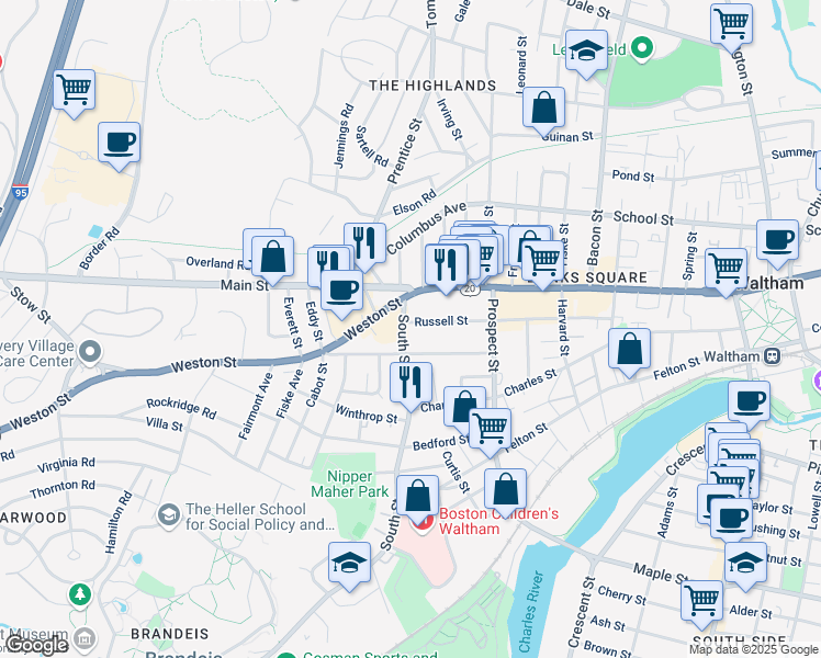 map of restaurants, bars, coffee shops, grocery stores, and more near 166 Russell Street in Waltham