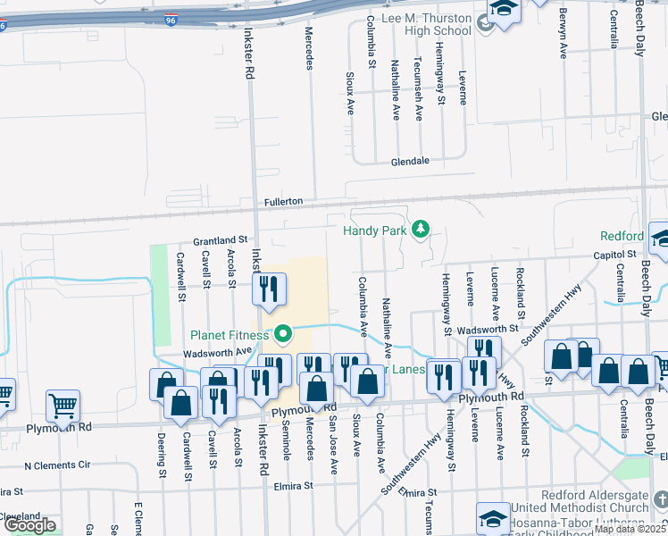 map of restaurants, bars, coffee shops, grocery stores, and more near 12220 San Jose Avenue in Redford Charter Township