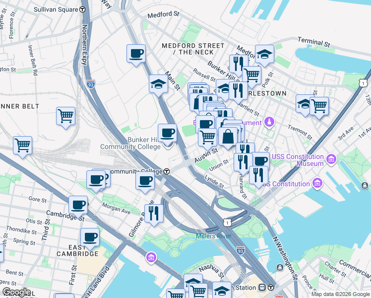 map of restaurants, bars, coffee shops, grocery stores, and more near 75 West School Street in Boston