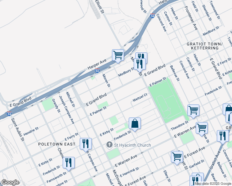 map of restaurants, bars, coffee shops, grocery stores, and more near 1807 East Grand Boulevard in Detroit