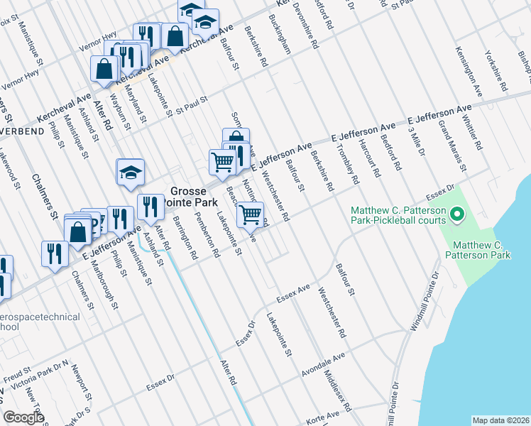 map of restaurants, bars, coffee shops, grocery stores, and more near 909 Westchester Road in Grosse Pointe Park