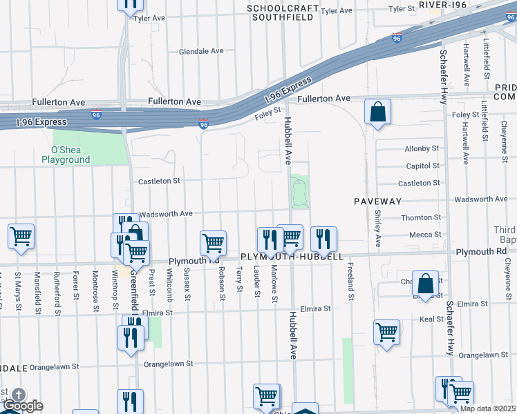 map of restaurants, bars, coffee shops, grocery stores, and more near 12000 Lauder Street in Detroit