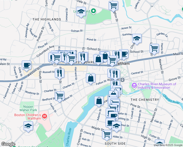 map of restaurants, bars, coffee shops, grocery stores, and more near 85 Charles Street in Waltham