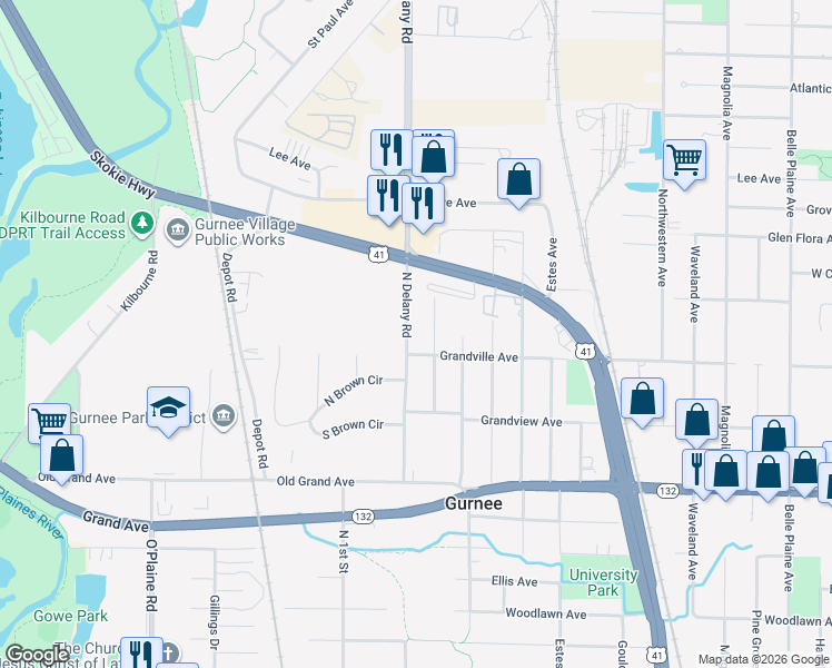 map of restaurants, bars, coffee shops, grocery stores, and more near 1031 North Delany Road in Gurnee