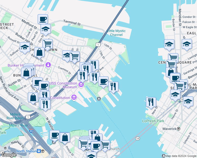 map of restaurants, bars, coffee shops, grocery stores, and more near 40 8th Street in Boston