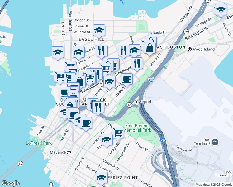map of restaurants, bars, coffee shops, grocery stores, and more near 217 Chelsea Street in Boston