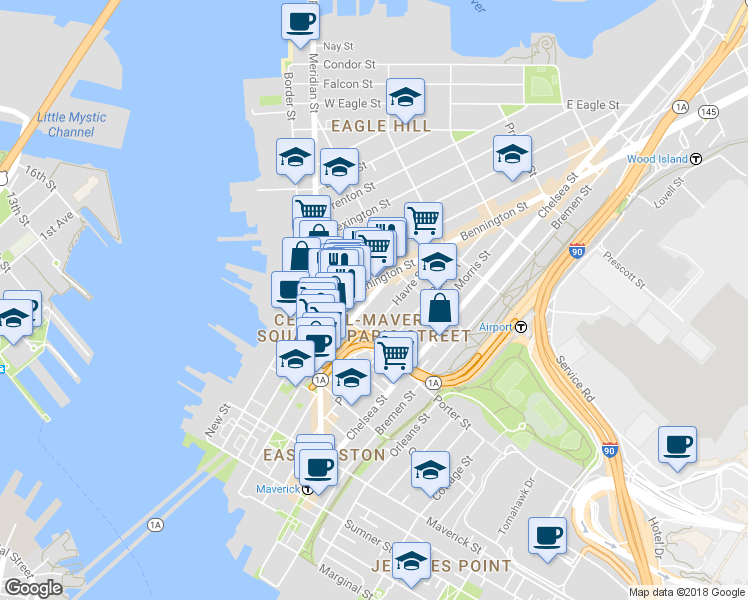 map of restaurants, bars, coffee shops, grocery stores, and more near 199 London Street in Boston