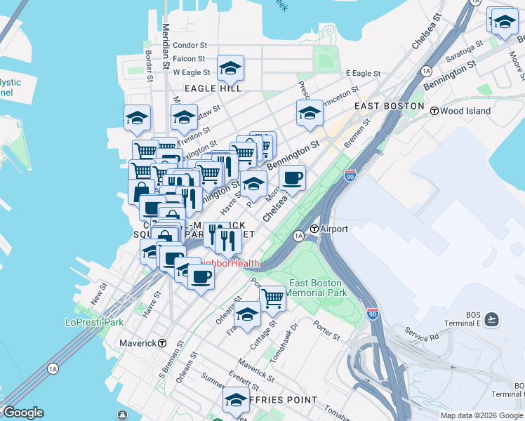 map of restaurants, bars, coffee shops, grocery stores, and more near 223 Marion Street in Boston