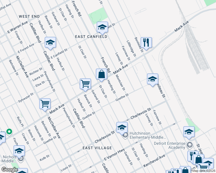 map of restaurants, bars, coffee shops, grocery stores, and more near 3499 Harding Street in Detroit