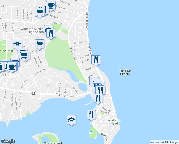 map of restaurants, bars, coffee shops, grocery stores, and more near 17 Nevada Street in Winthrop