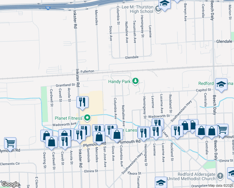 map of restaurants, bars, coffee shops, grocery stores, and more near 12206 Columbia in Redford Charter Township