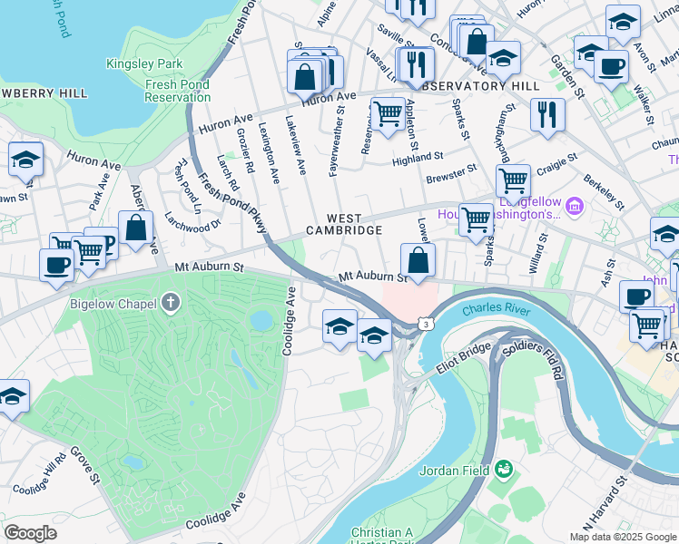map of restaurants, bars, coffee shops, grocery stores, and more near 393 Mount Auburn Street in Cambridge