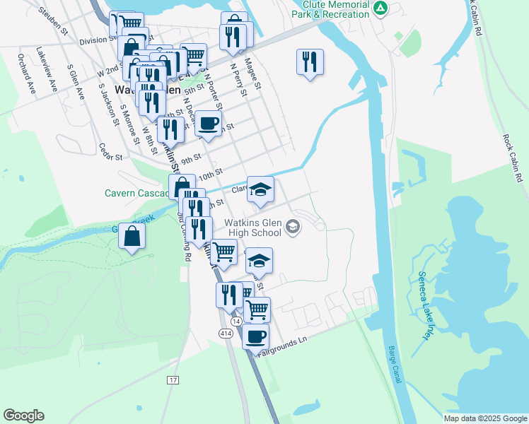map of restaurants, bars, coffee shops, grocery stores, and more near 301 12th Street in Watkins Glen
