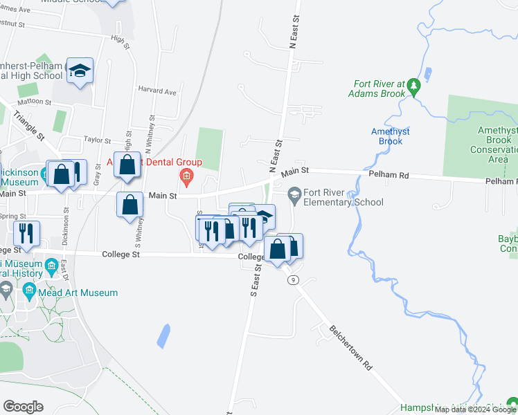map of restaurants, bars, coffee shops, grocery stores, and more near 68 South East Street in Amherst