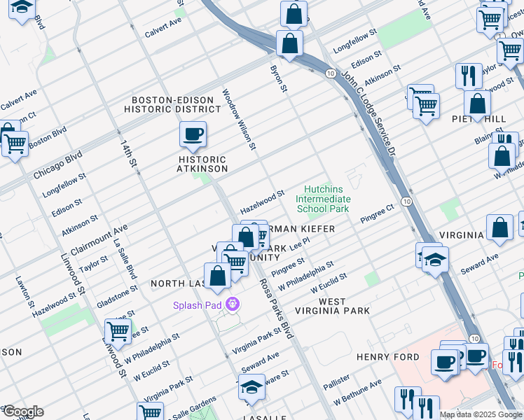 map of restaurants, bars, coffee shops, grocery stores, and more near 1699 Hazelwood Street in Detroit