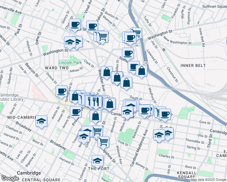 map of restaurants, bars, coffee shops, grocery stores, and more near 498 Columbia Street in Somerville