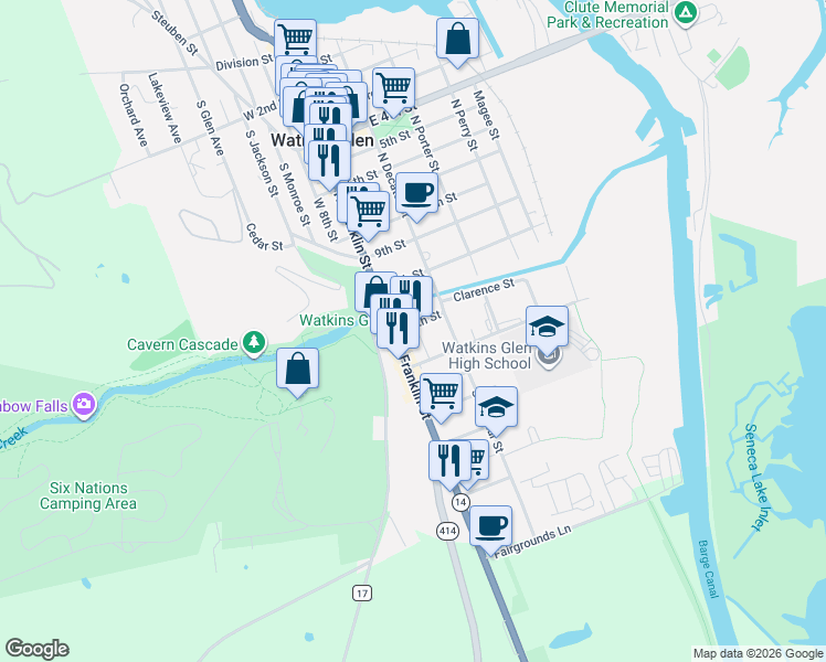 map of restaurants, bars, coffee shops, grocery stores, and more near 107 11th Street in Watkins Glen