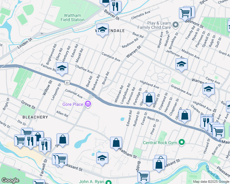 map of restaurants, bars, coffee shops, grocery stores, and more near 36 Whitman Road in Waltham