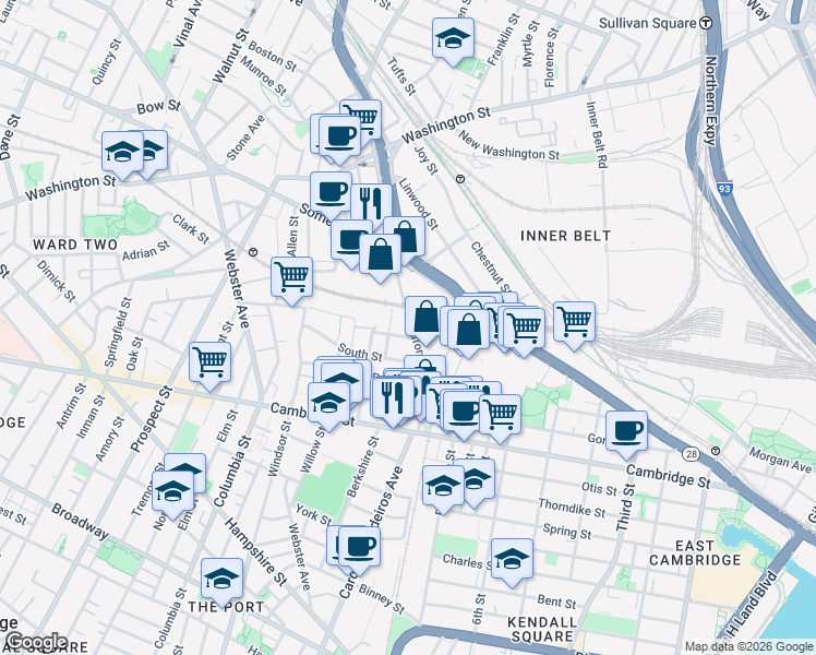 map of restaurants, bars, coffee shops, grocery stores, and more near 39R Medford Street in Somerville