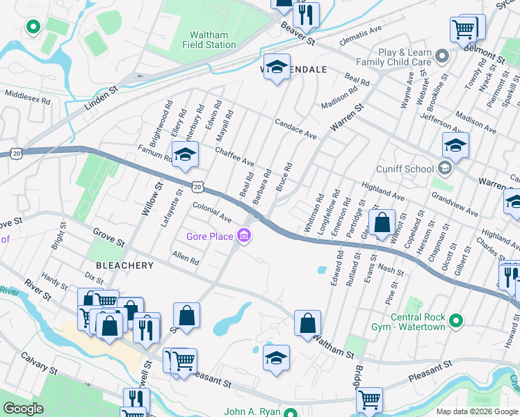 map of restaurants, bars, coffee shops, grocery stores, and more near 65 Main Street in Waltham