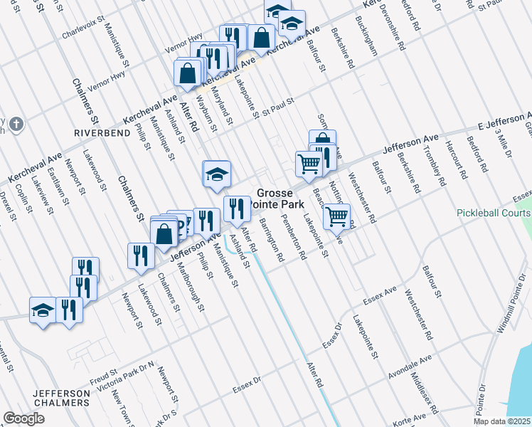 map of restaurants, bars, coffee shops, grocery stores, and more near 15010 East Jefferson Avenue in Grosse Pointe Park
