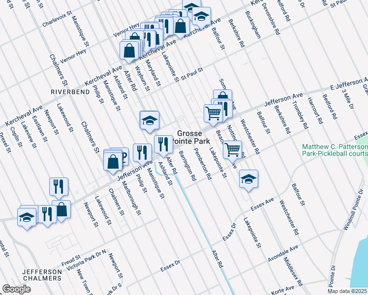 map of restaurants, bars, coffee shops, grocery stores, and more near 15010 East Jefferson Avenue in Grosse Pointe Park