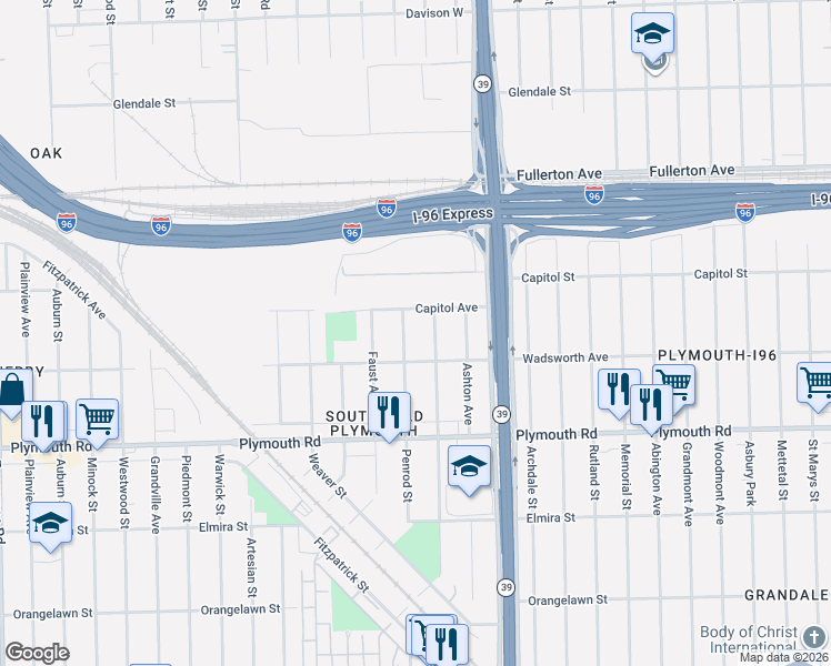 map of restaurants, bars, coffee shops, grocery stores, and more near 12036 Penrod Street in Detroit