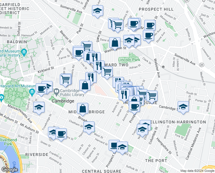 map of restaurants, bars, coffee shops, grocery stores, and more near 36 Beacon Street in Somerville