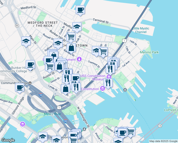 map of restaurants, bars, coffee shops, grocery stores, and more near 6 Wallace Court in Boston