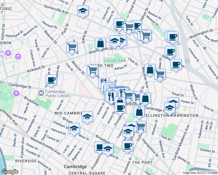 map of restaurants, bars, coffee shops, grocery stores, and more near 37 Springfield Street in Somerville
