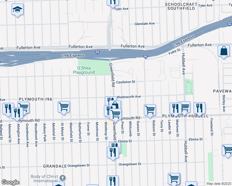 map of restaurants, bars, coffee shops, grocery stores, and more near 12010 Greenfield Road in Detroit