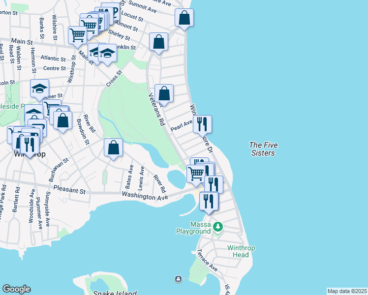 map of restaurants, bars, coffee shops, grocery stores, and more near 386 Shirley Street in Winthrop