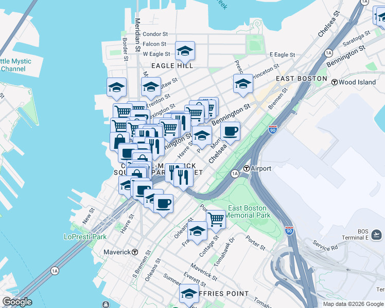 map of restaurants, bars, coffee shops, grocery stores, and more near 223 Marion Street in Boston