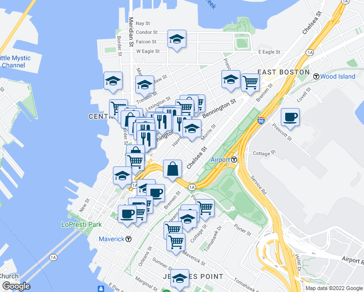 map of restaurants, bars, coffee shops, grocery stores, and more near 227 Havre Street in Boston