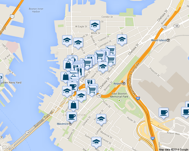 map of restaurants, bars, coffee shops, grocery stores, and more near 229 Havre Street in Boston