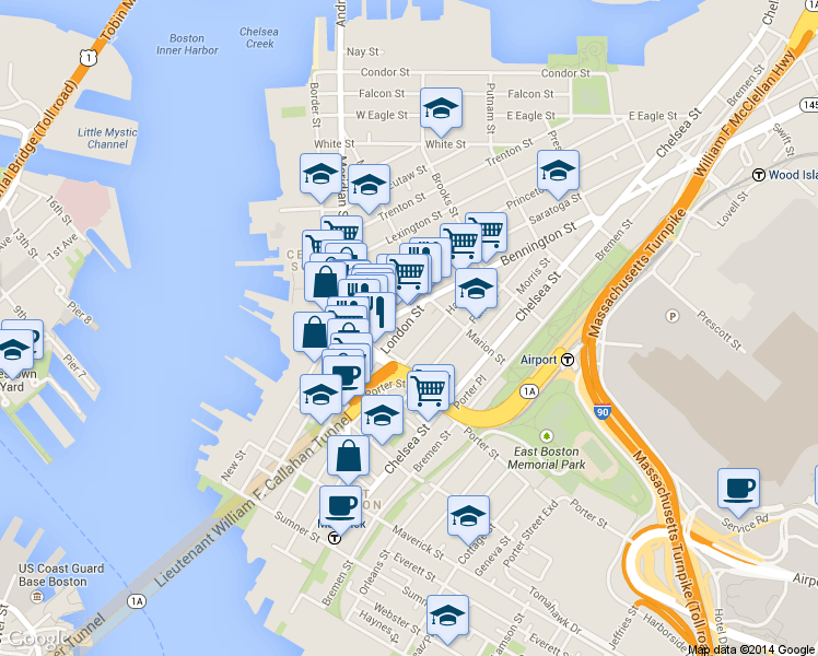 map of restaurants, bars, coffee shops, grocery stores, and more near 67 Bennington Street in Boston