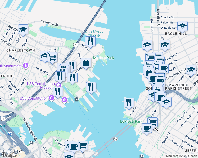 map of restaurants, bars, coffee shops, grocery stores, and more near 100 13th Street in Boston