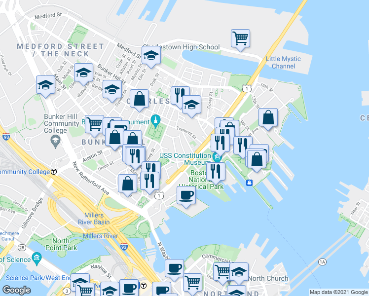 map of restaurants, bars, coffee shops, grocery stores, and more near 37 Mount Vernon Street in Boston