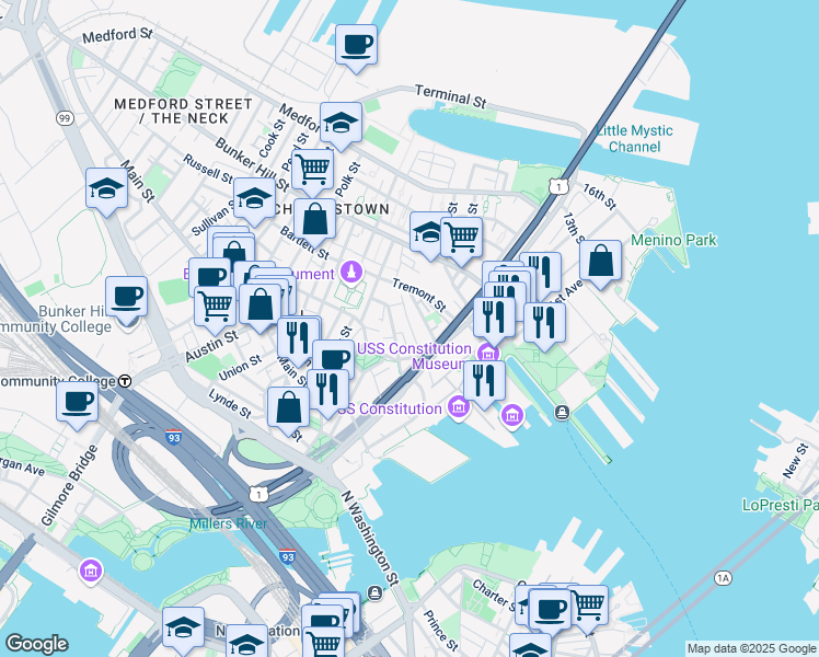 map of restaurants, bars, coffee shops, grocery stores, and more near 37 Mount Vernon Street in Boston