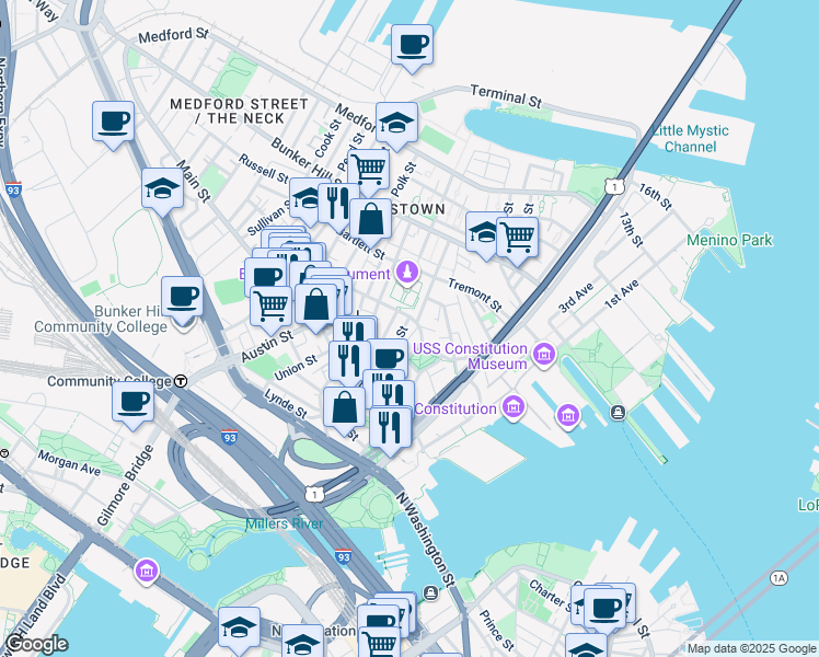 map of restaurants, bars, coffee shops, grocery stores, and more near 47 Soley Street in Boston