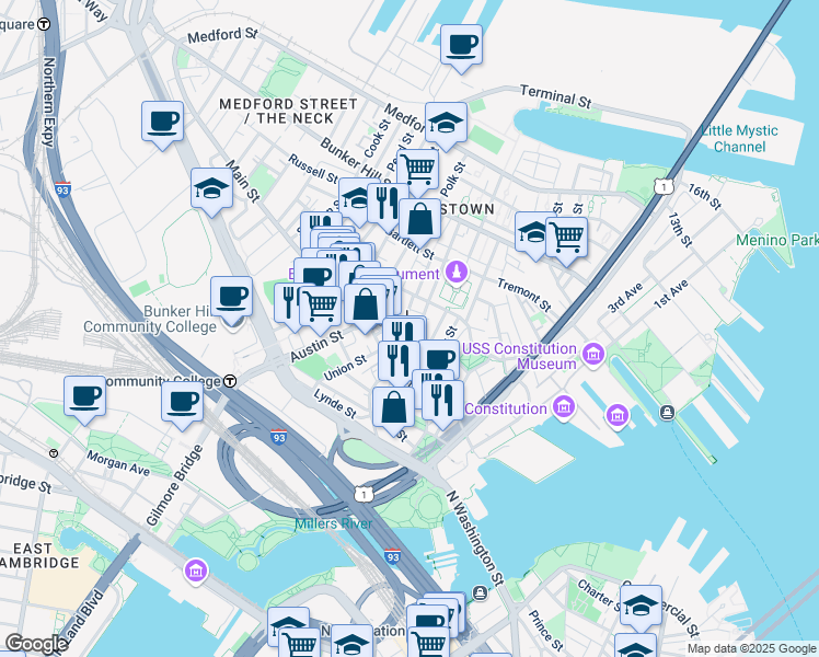 map of restaurants, bars, coffee shops, grocery stores, and more near 34A Pleasant Street in Boston