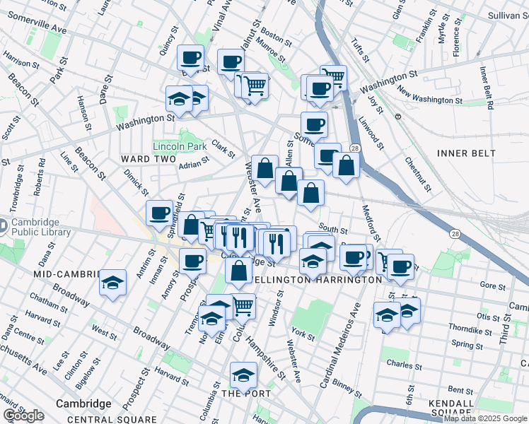 map of restaurants, bars, coffee shops, grocery stores, and more near 498 Columbia Street in Somerville