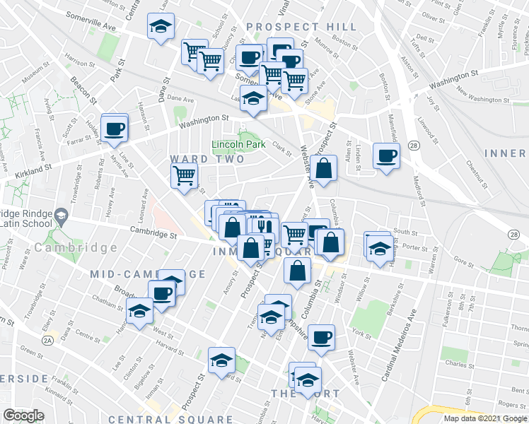 map of restaurants, bars, coffee shops, grocery stores, and more near 25 Houghton Street in Somerville