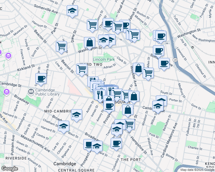map of restaurants, bars, coffee shops, grocery stores, and more near 37 Springfield Street in Somerville