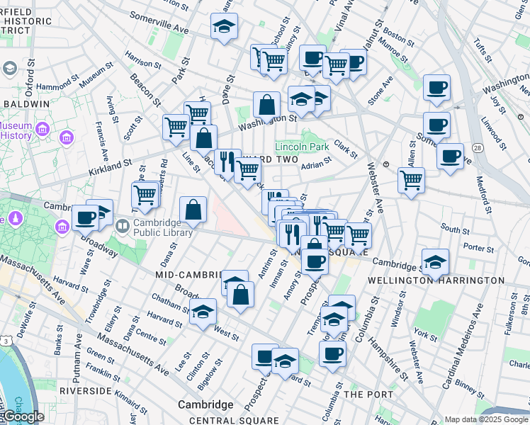 map of restaurants, bars, coffee shops, grocery stores, and more near 17 Hammond Street in Somerville