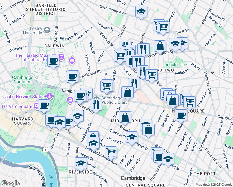 map of restaurants, bars, coffee shops, grocery stores, and more near 1575 Cambridge Street in Cambridge