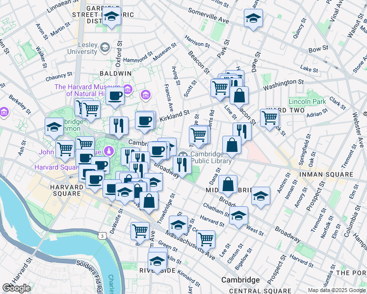 map of restaurants, bars, coffee shops, grocery stores, and more near 1655 Cambridge Street in Cambridge