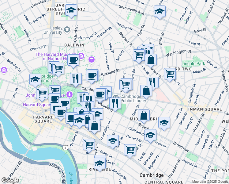 map of restaurants, bars, coffee shops, grocery stores, and more near 1655 Cambridge Street in Cambridge